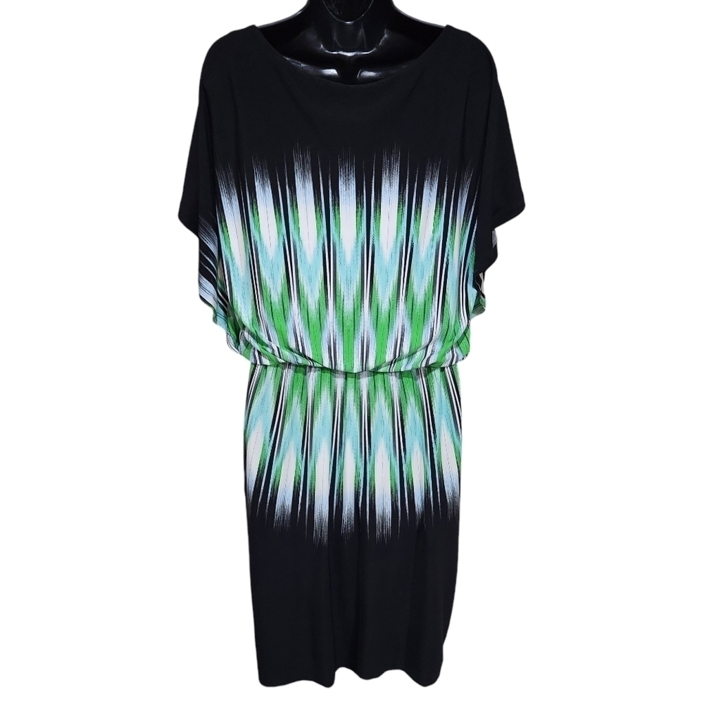 Maggy London Womens Geometric Print Blouson Dress With Fan Sleeves Size 10. - Picture 2 of 8